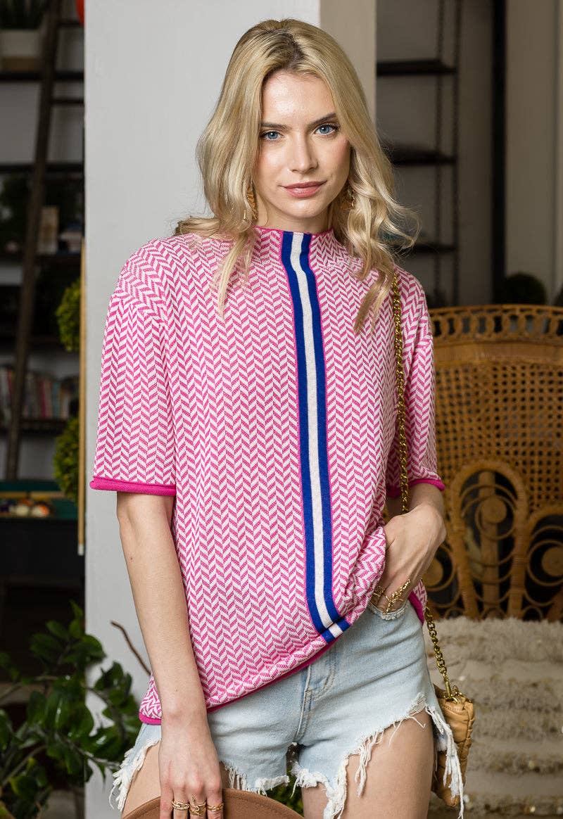 Print Short Sleeve Top with Stripe Contrast