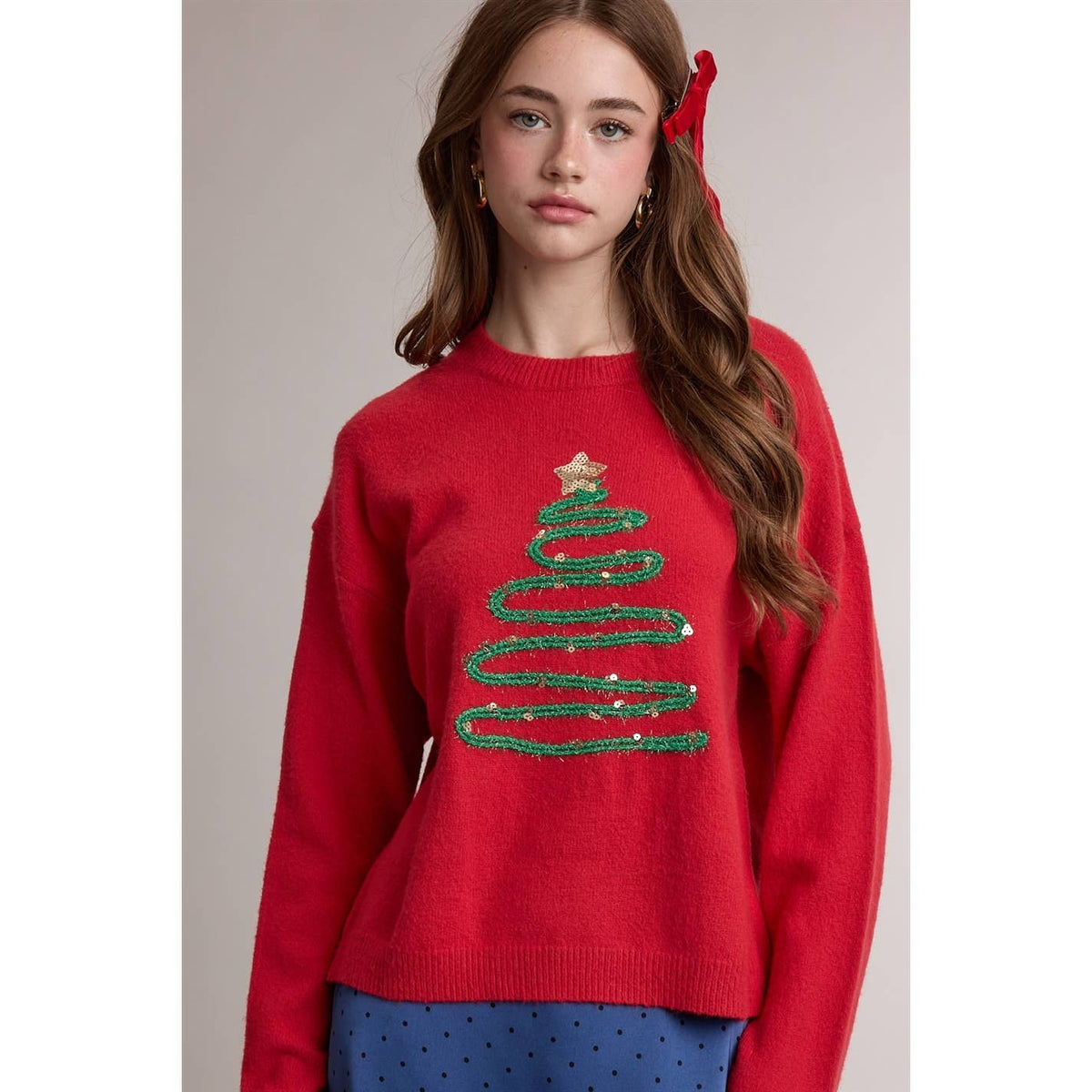 SEQUIN CHRISTMAS TREE LINE ART CREWNECK SWEATER / WL26-13348