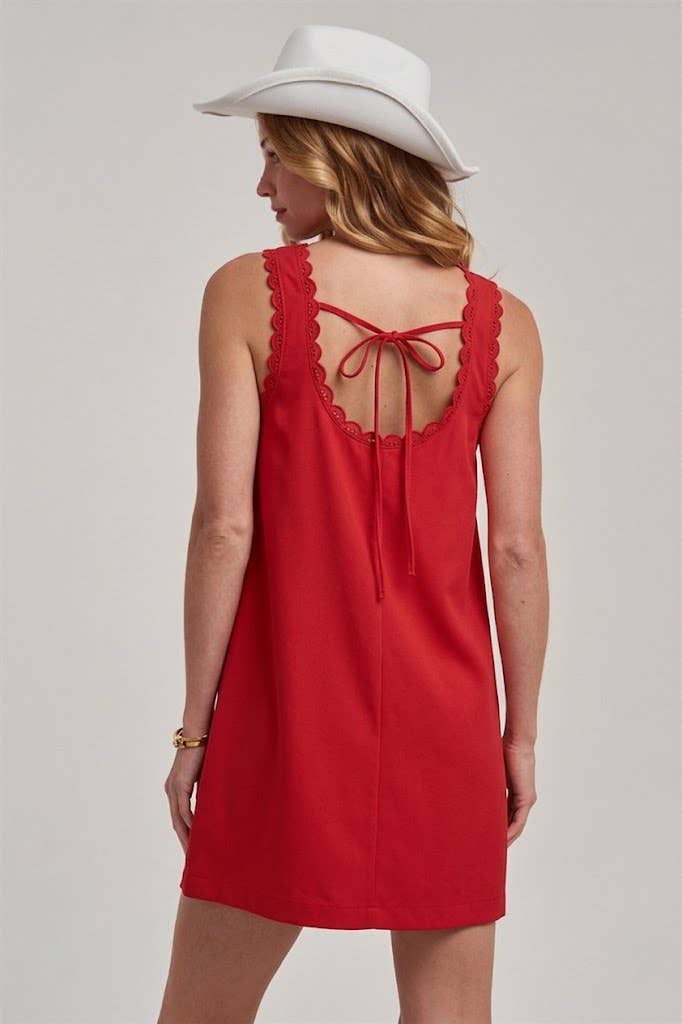GAME DAY COLOR DENIM MINI DRESS WITH SCALLOPED EMBROIDERY