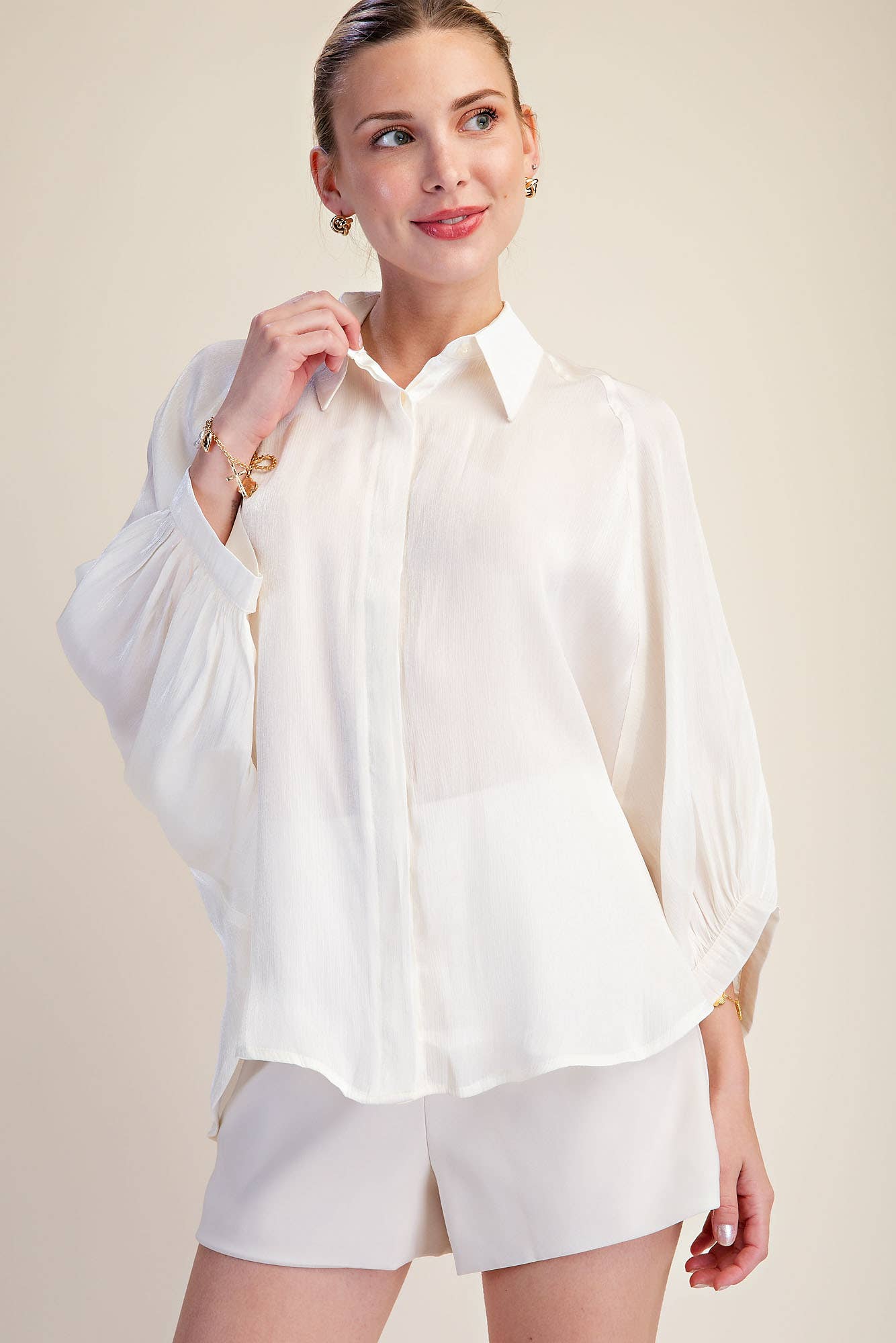 Metallic Oversized Button Down Long Sleeve Shirt Blouse