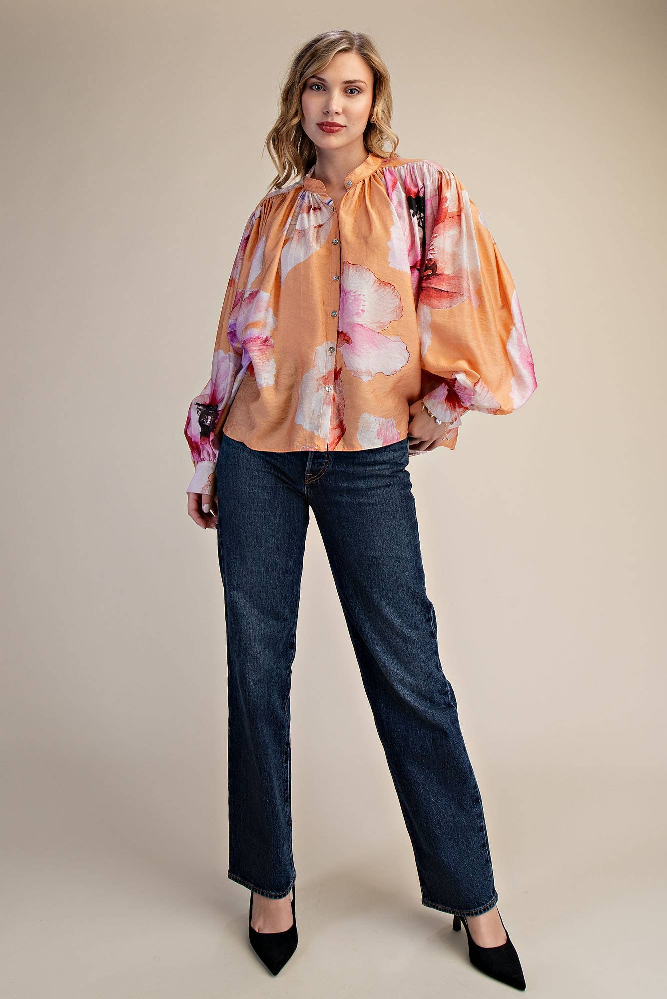 Neck Band Long Sleeve Voluminous Blouse