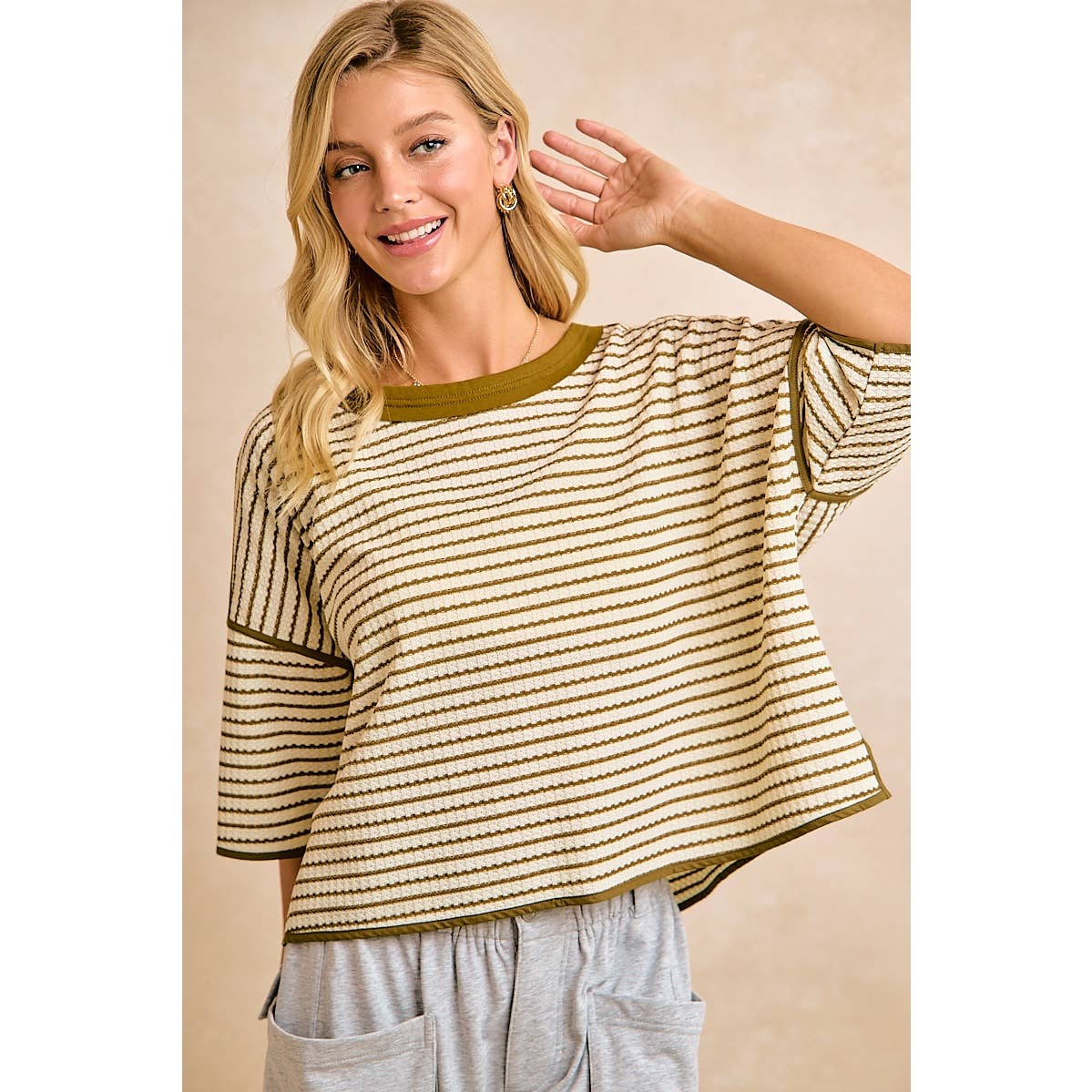 WAFFLE STRIPE WITH BINDING DETAIL RELAXED FIT TOP
