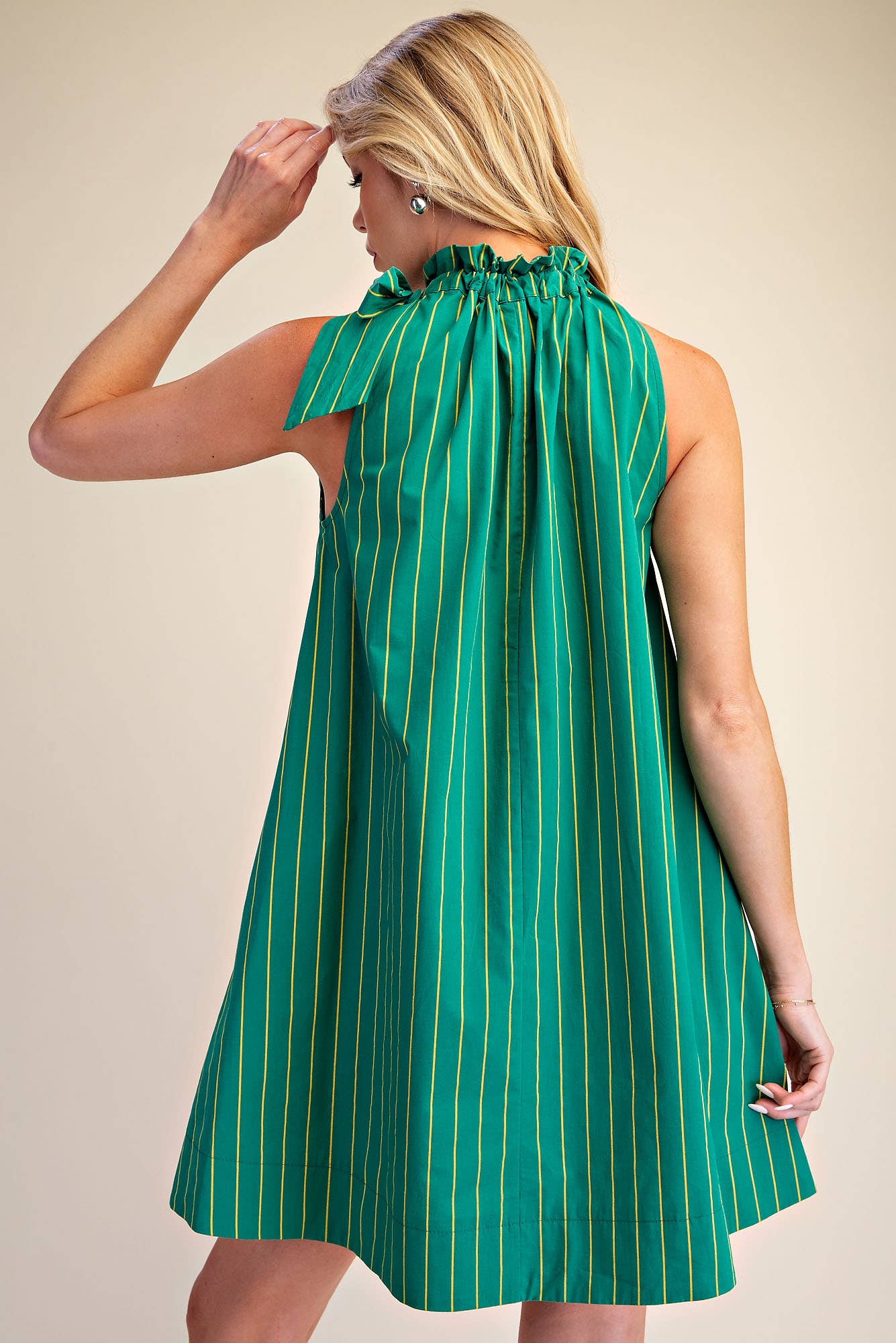 Stripe Mini Dress Ruffle Neck Adjustable Tie Sleeveless
