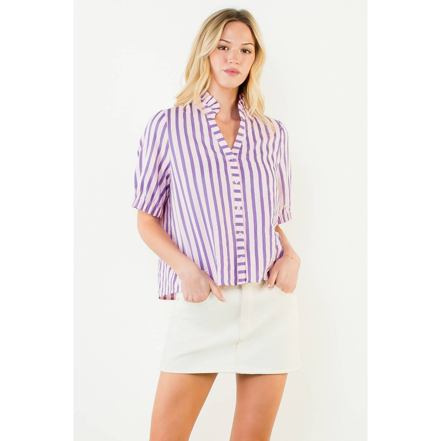 Short Sleeve Striped Button Down Top