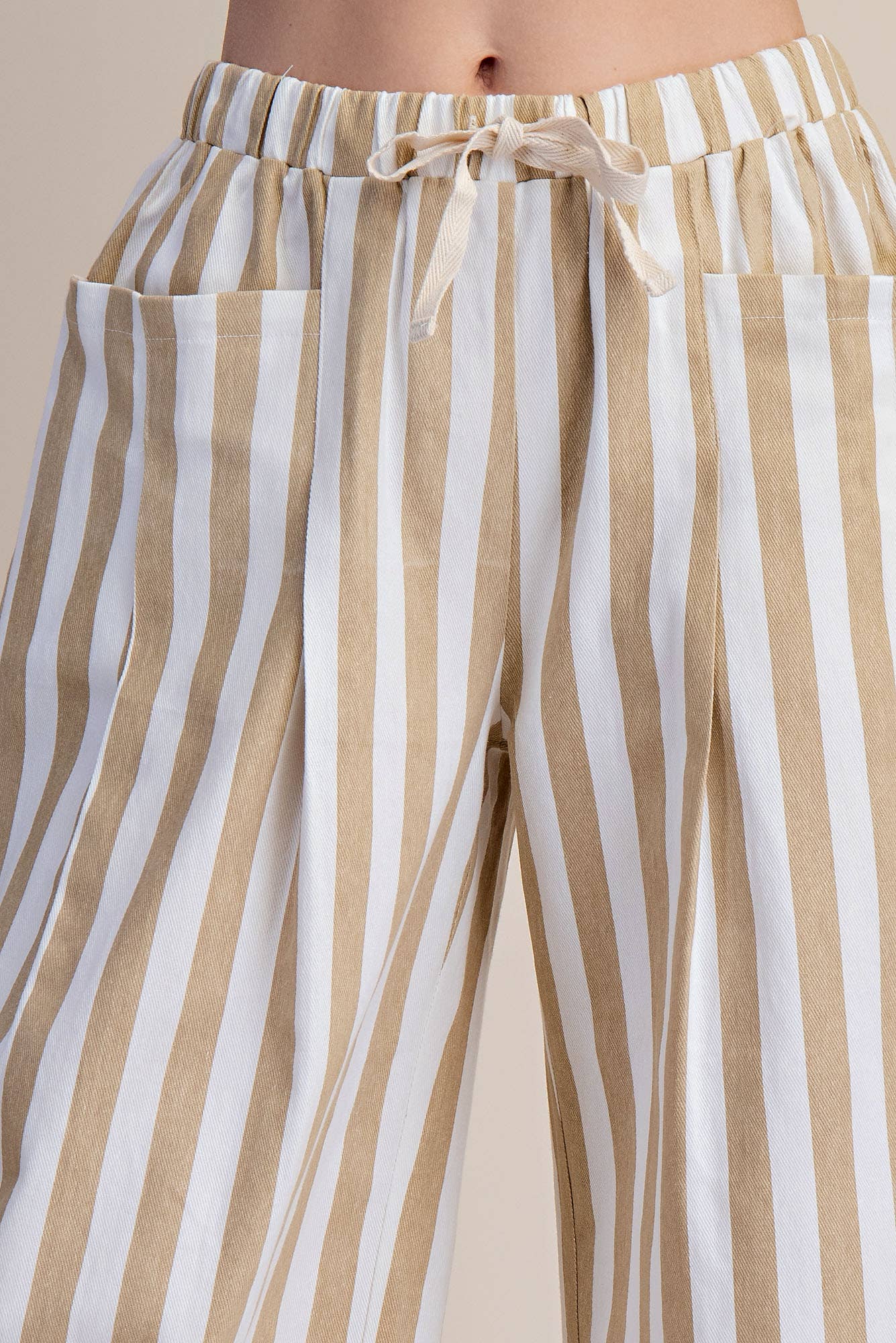 Stripe Wide Pants With Elastic Band Drawstring and Pockets