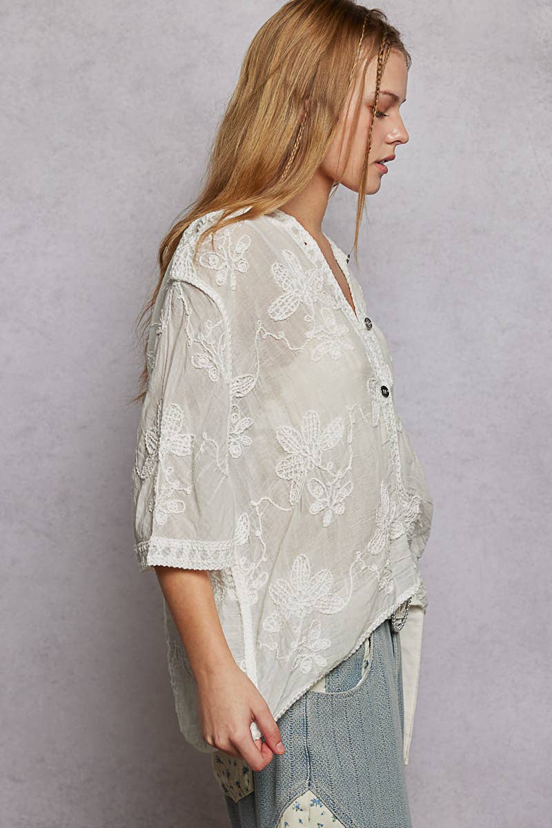 Short Sleeve Border Floral Embroidery Crochet Top