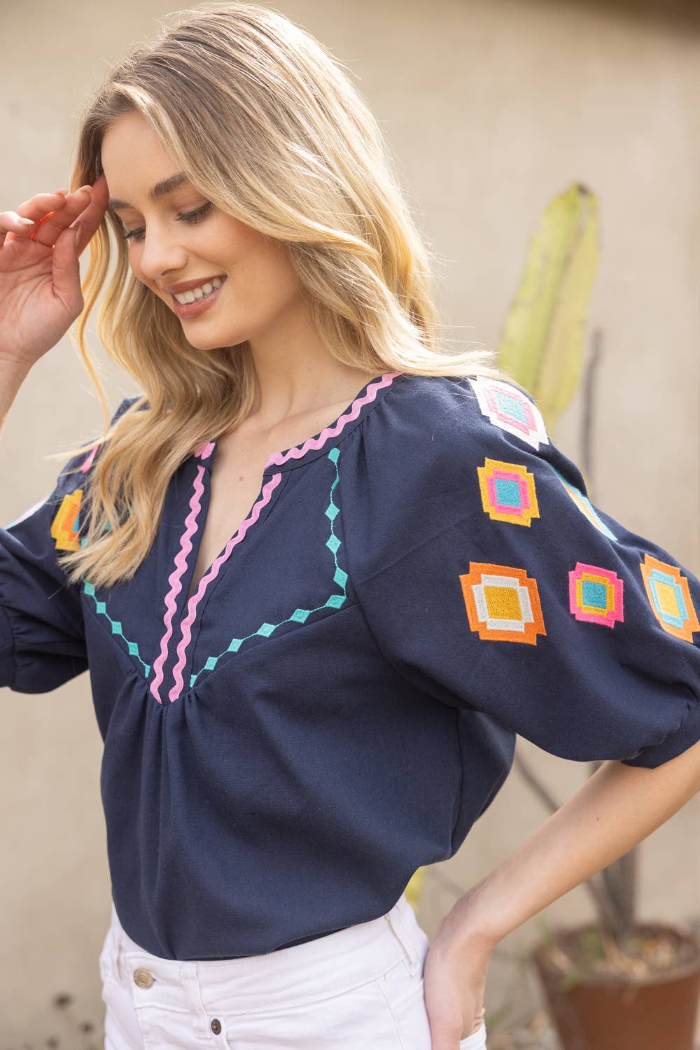 Geometric Embroidered Puff Sleeve with Zig Zag Trim To