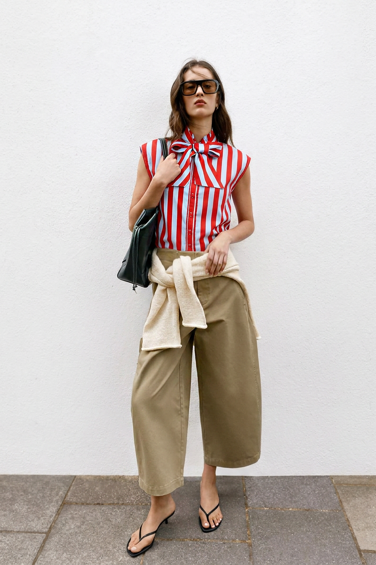 Bow Neck Sleeveless Stripe Shirt