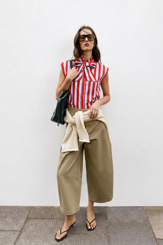 Bow Neck Sleeveless Stripe Shirt
