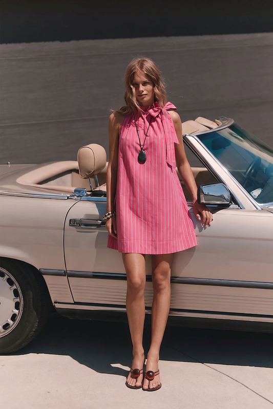 Stripe Mini Dress Ruffle Neck Adjustable Tie Sleeveless