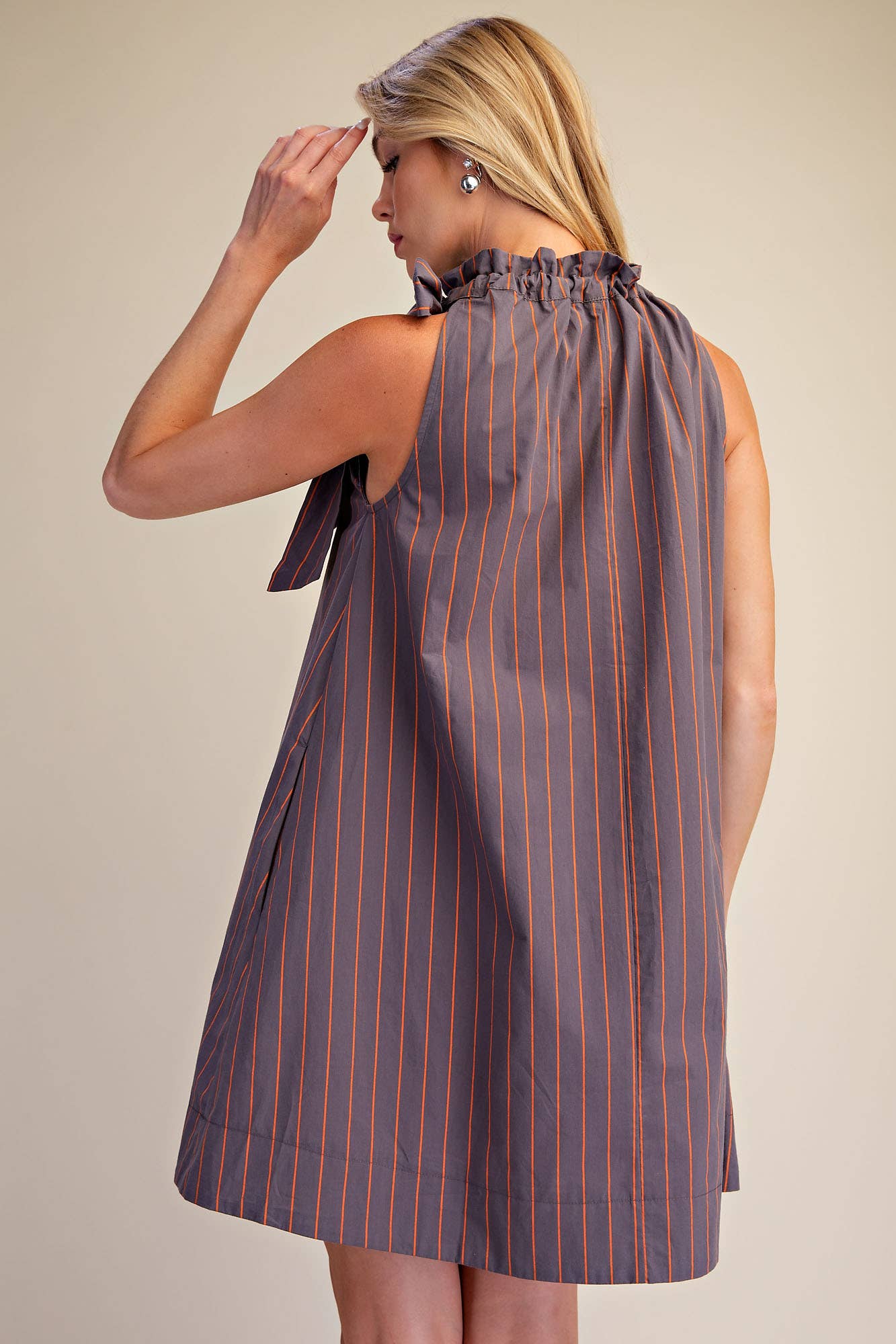 Stripe Mini Dress Ruffle Neck Adjustable Tie Sleeveless