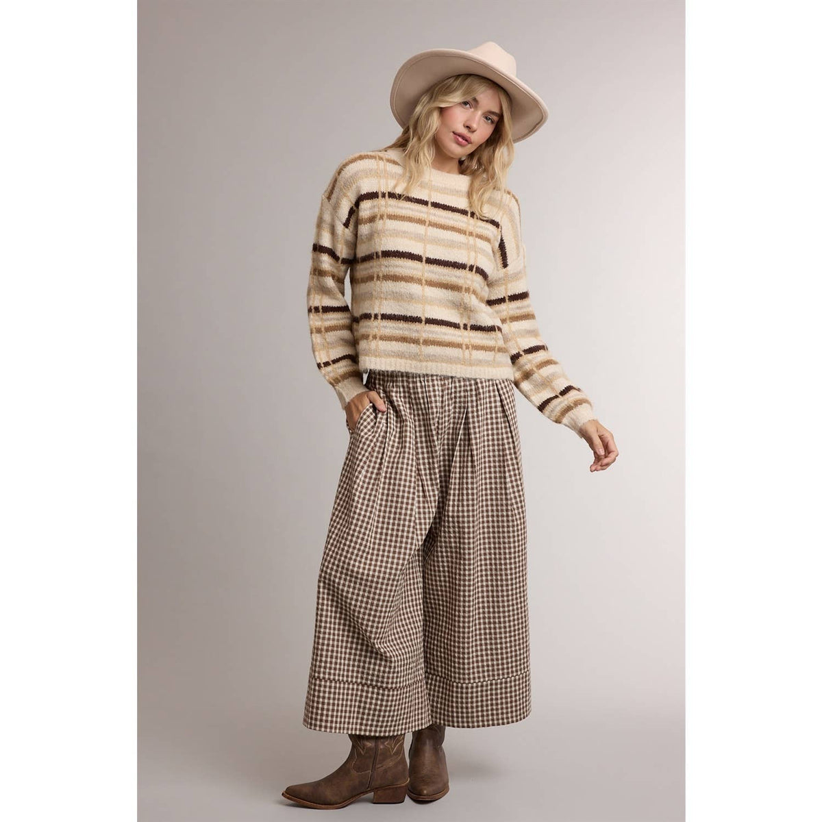GINGHAM WIDE LEG PULL ON PANTS / WL26-14080