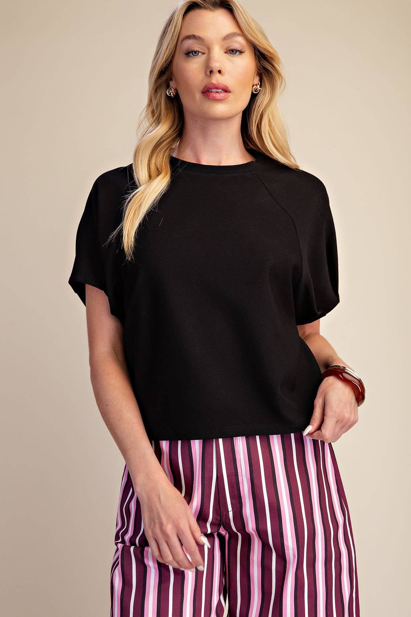 Round Neck Puff Short Sleeve Pullover Top