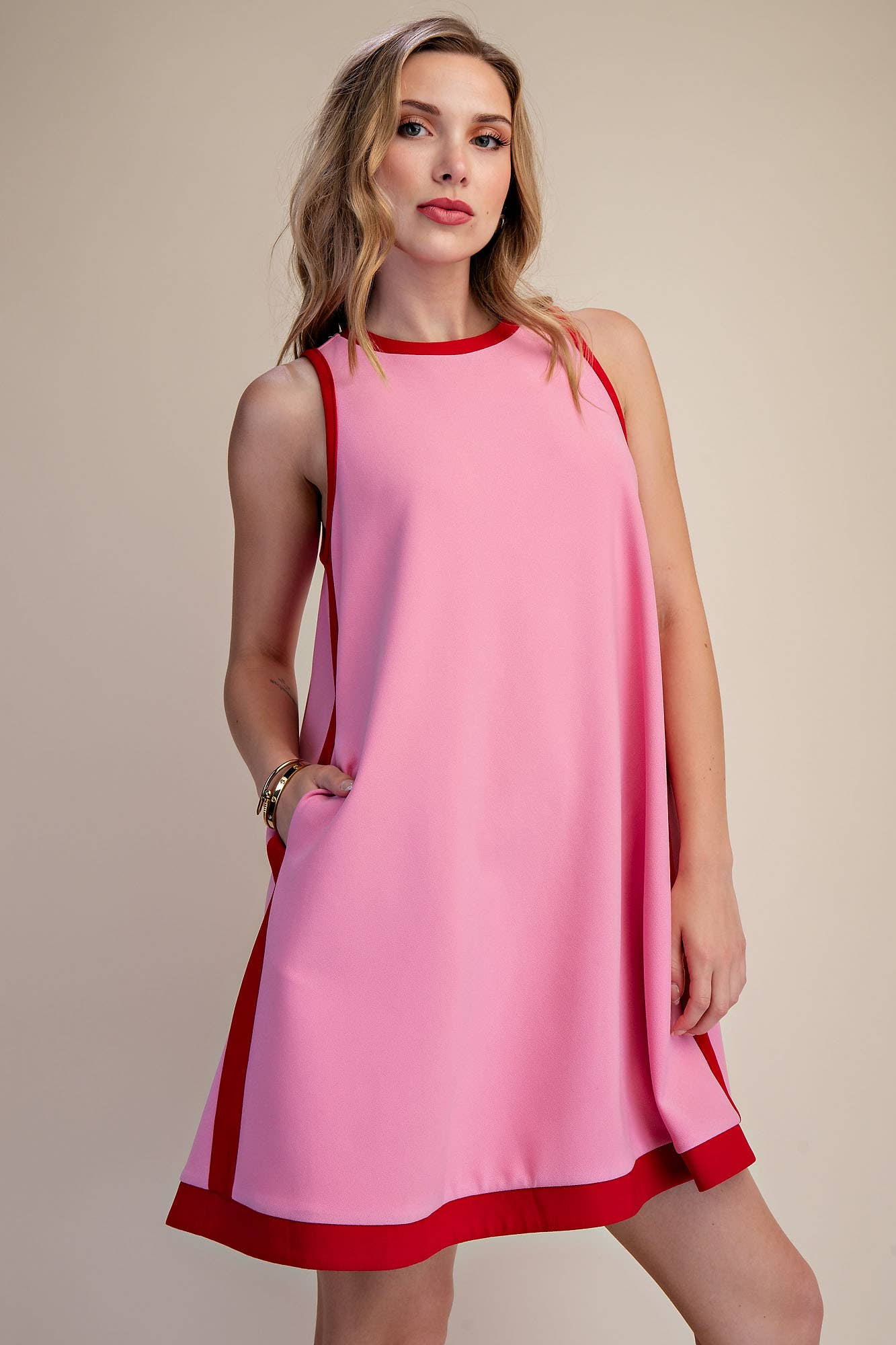 A-line Sleeveless Mini Dress With Round Neck Hem Contrast