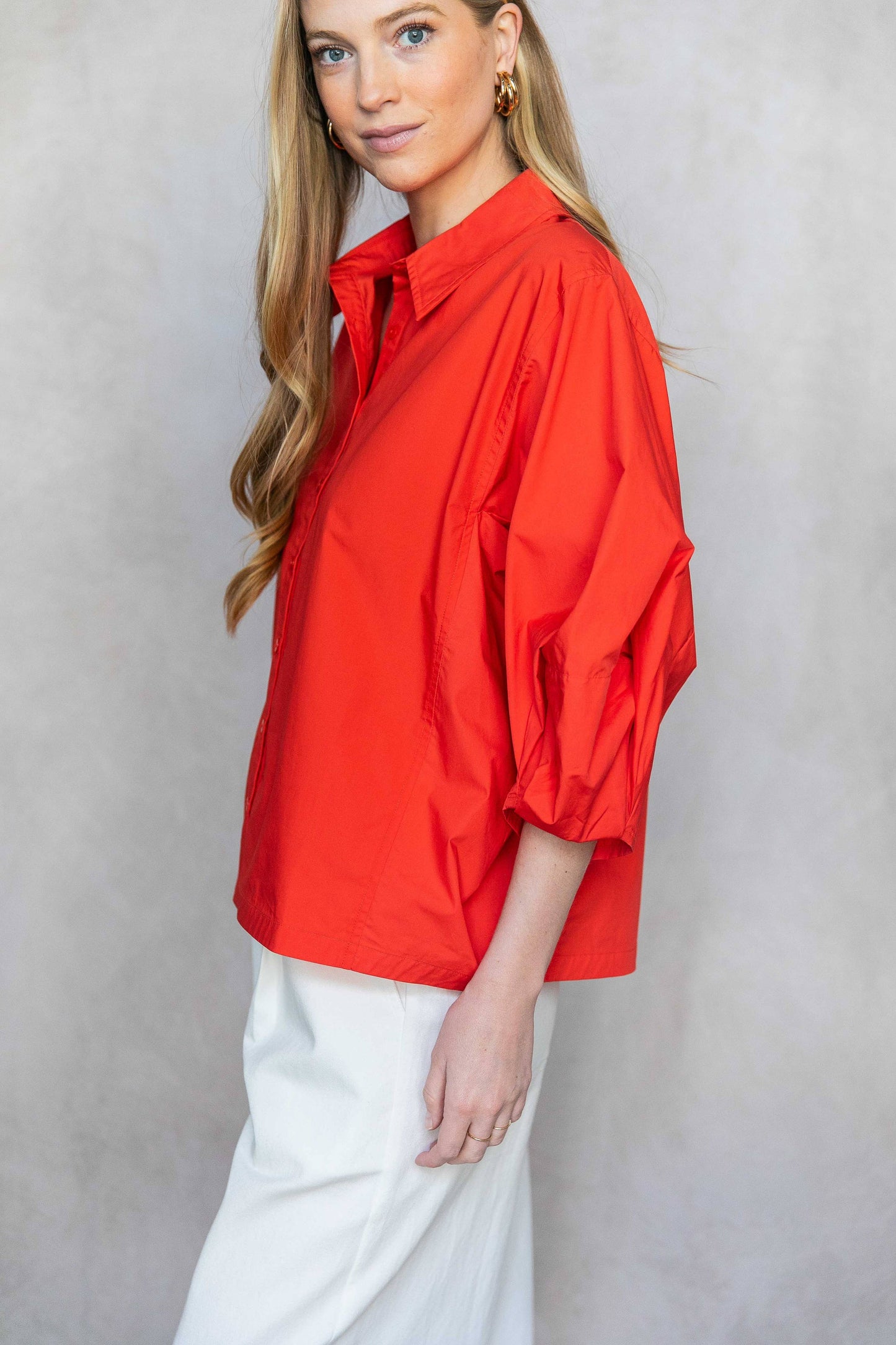 Poplin Bishop Sleeve Button Up Shirt