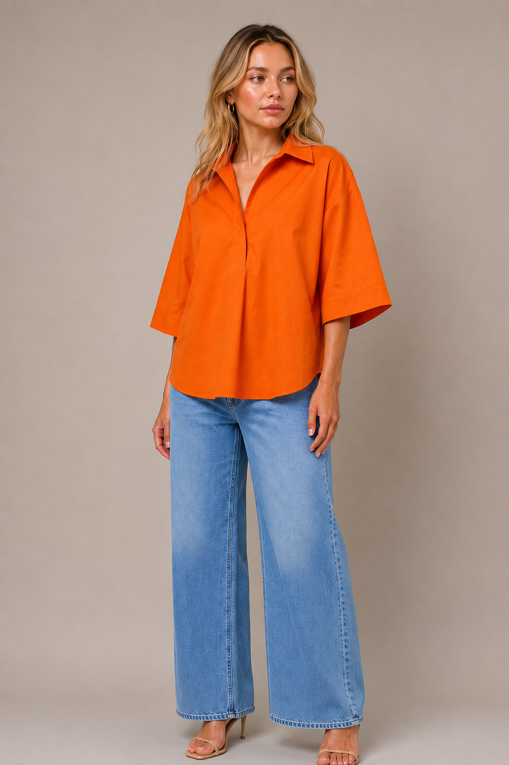 Kaia Modern Oversized Button Down Top Navy & Orange (#WT61176)