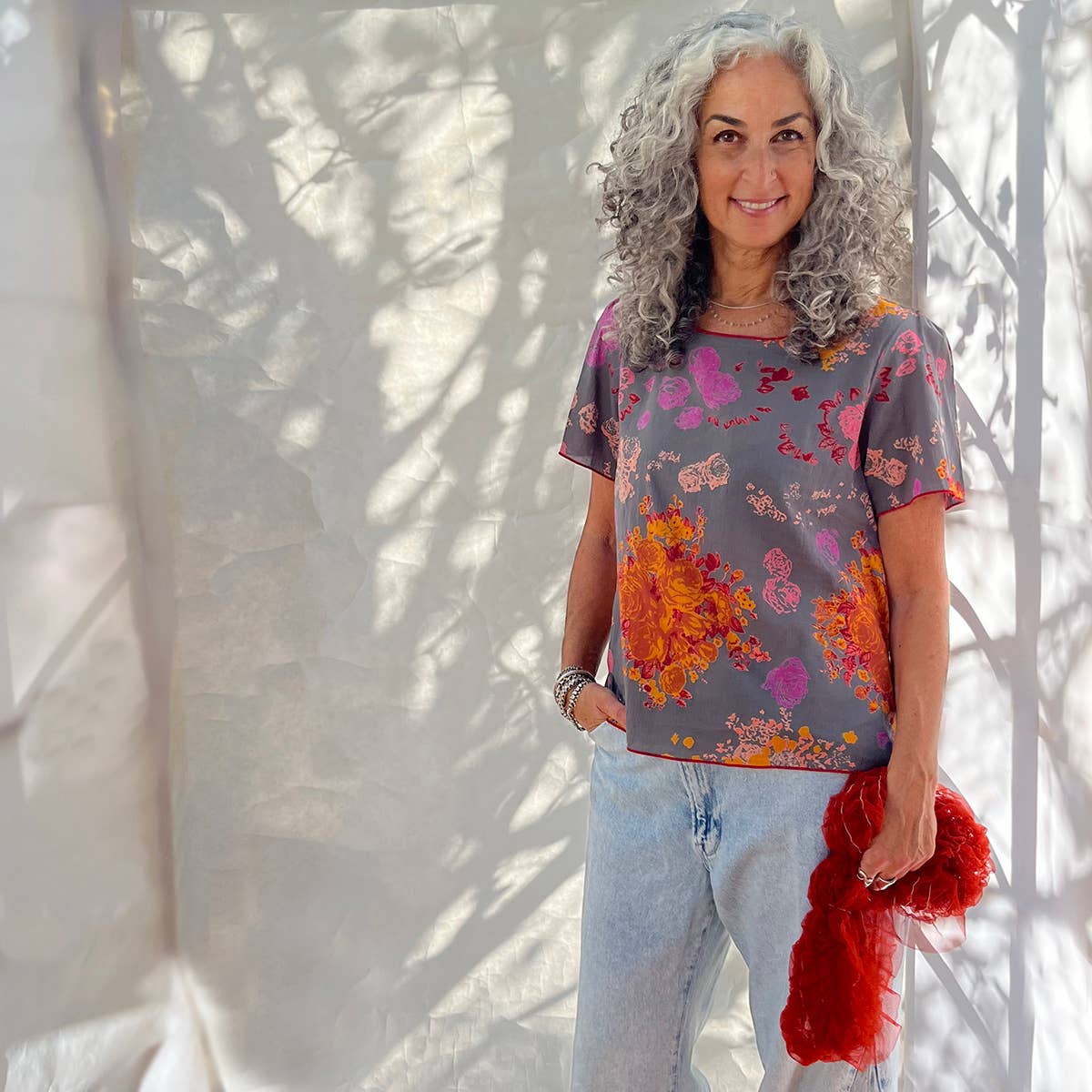 Twilly Blouse Big Roses Charcoal