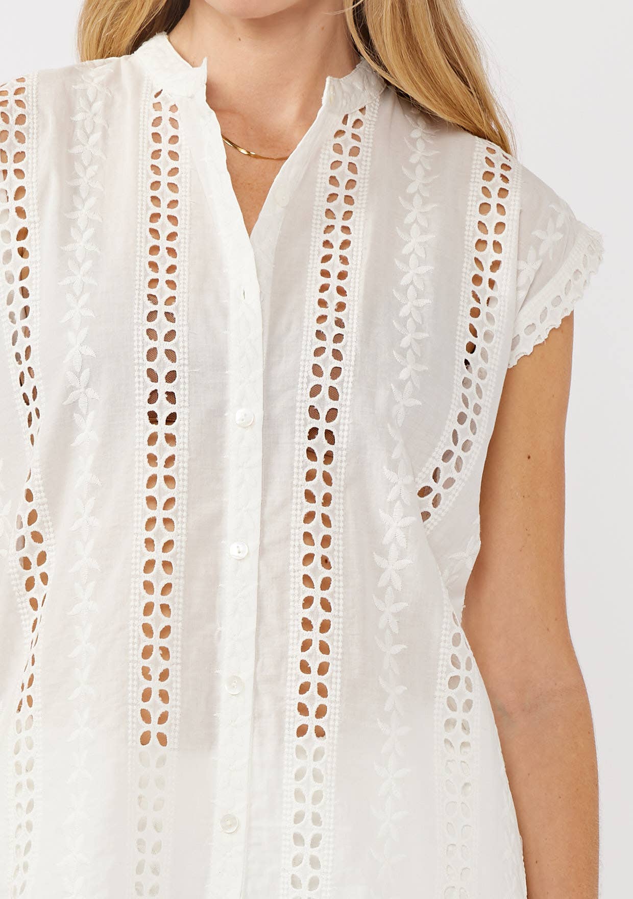 Floral Eyelet Mandarin Collar Camp Shirt