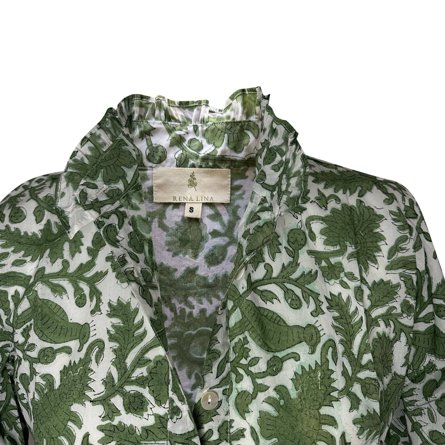 Peacock Block Print Ruffled Collared Womens Blouse