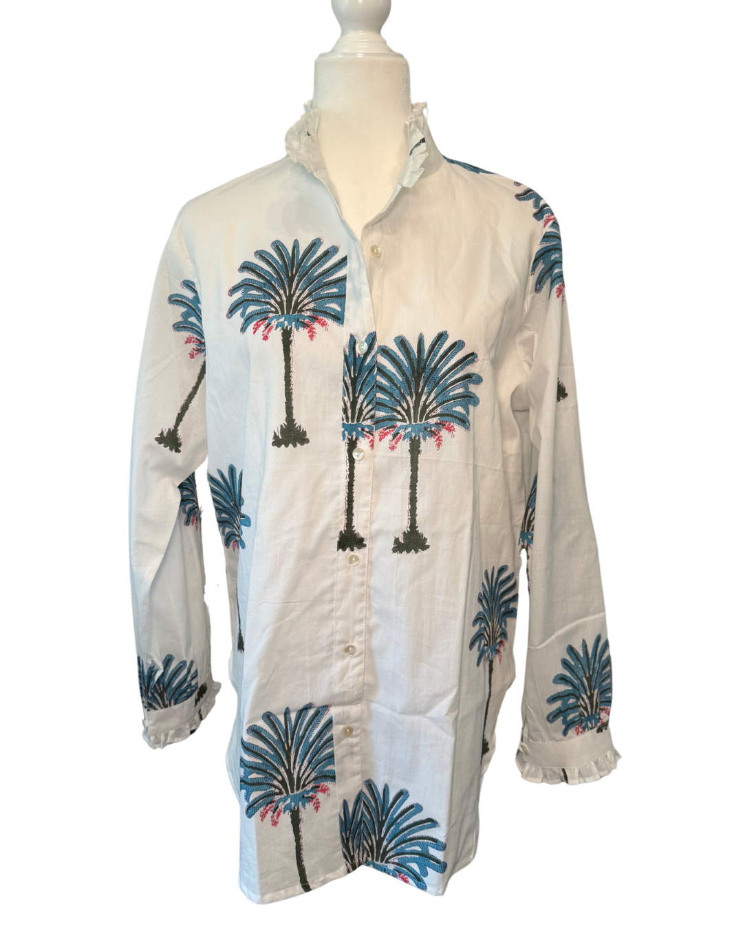 Women's Palm Tree Print Ruffled Collared Blouse