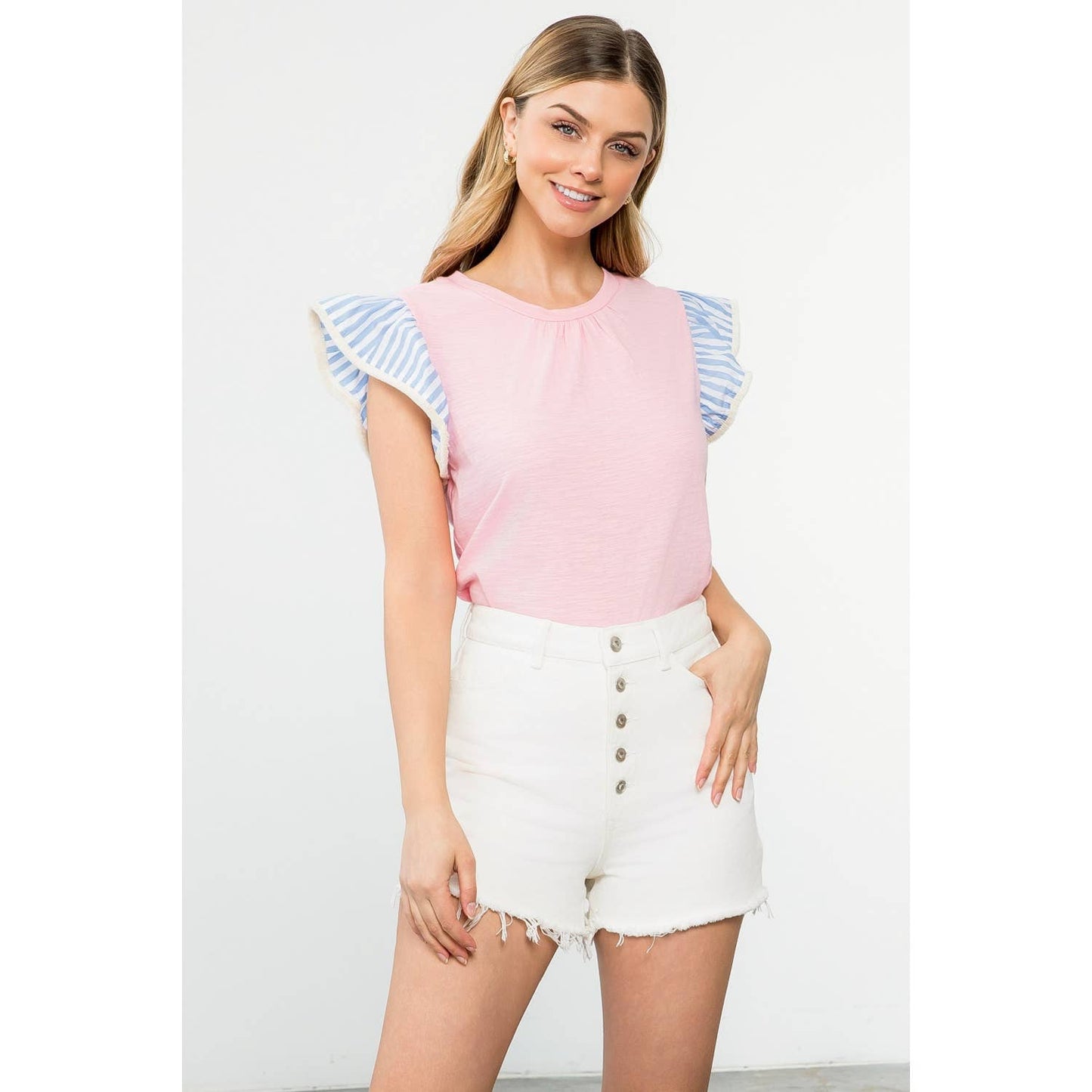 Colorblock Sleeve Knit Top with Ruffle Shoulder Trim