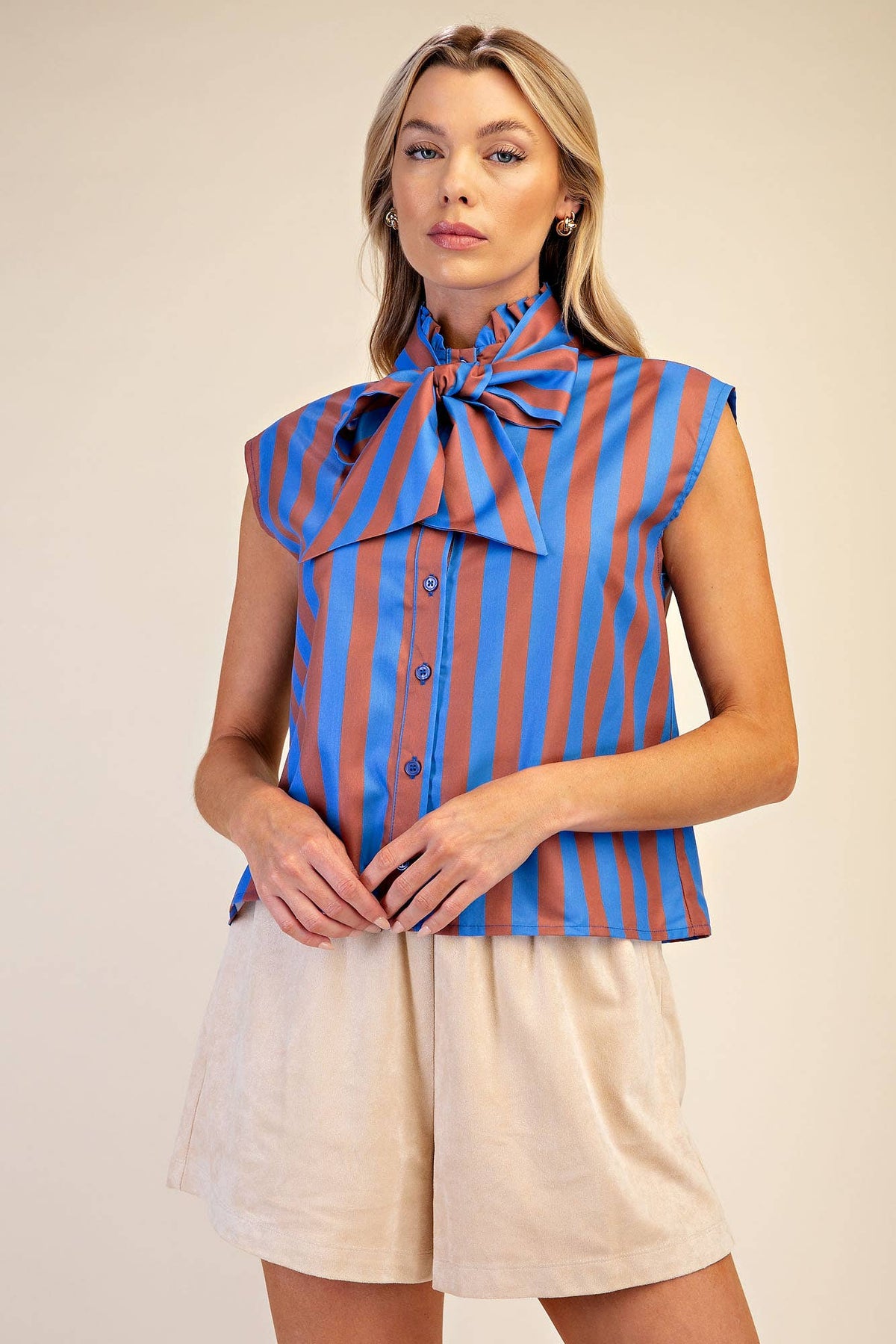 Bow Neck Sleeveless Stripe Shirt