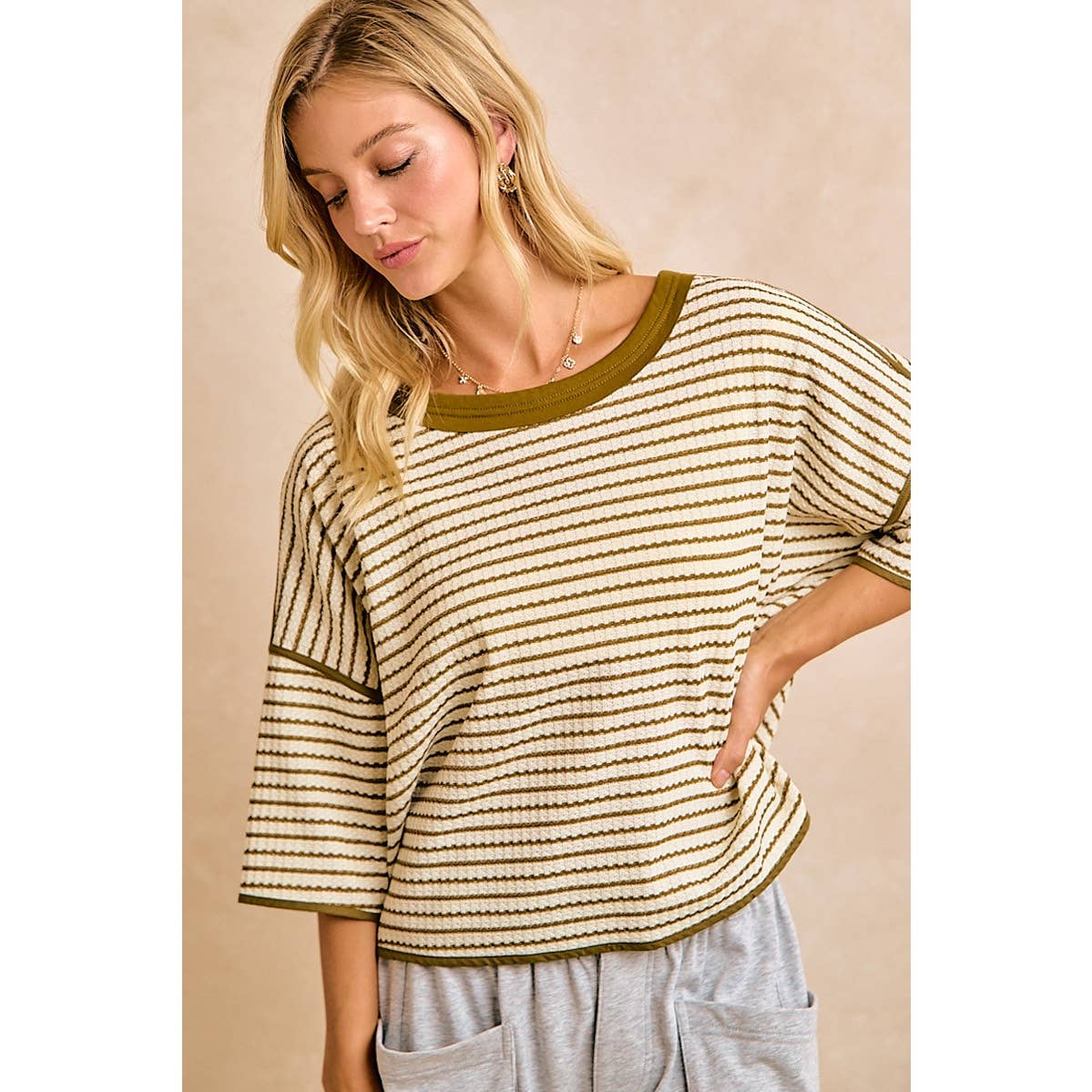 WAFFLE STRIPE WITH BINDING DETAIL RELAXED FIT TOP