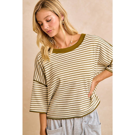 WAFFLE STRIPE WITH BINDING DETAIL RELAXED FIT TOP