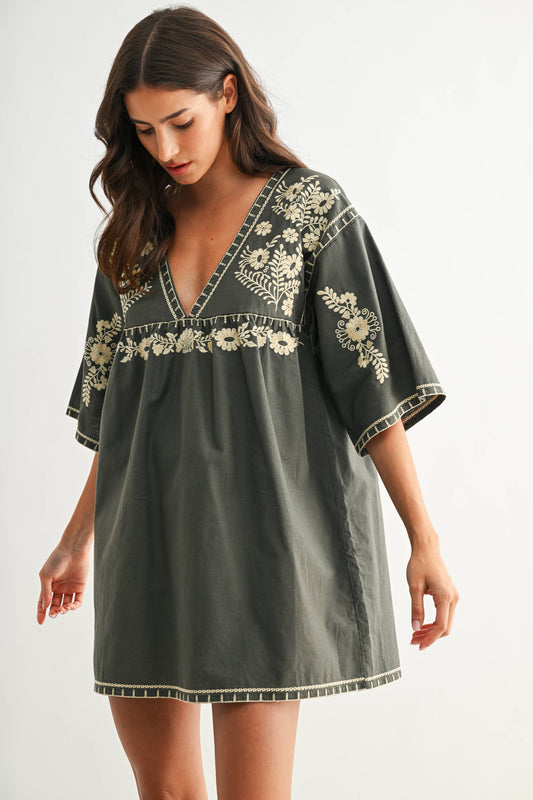 CED26811 Embroidered Shift Dress with Deep V-Neckline