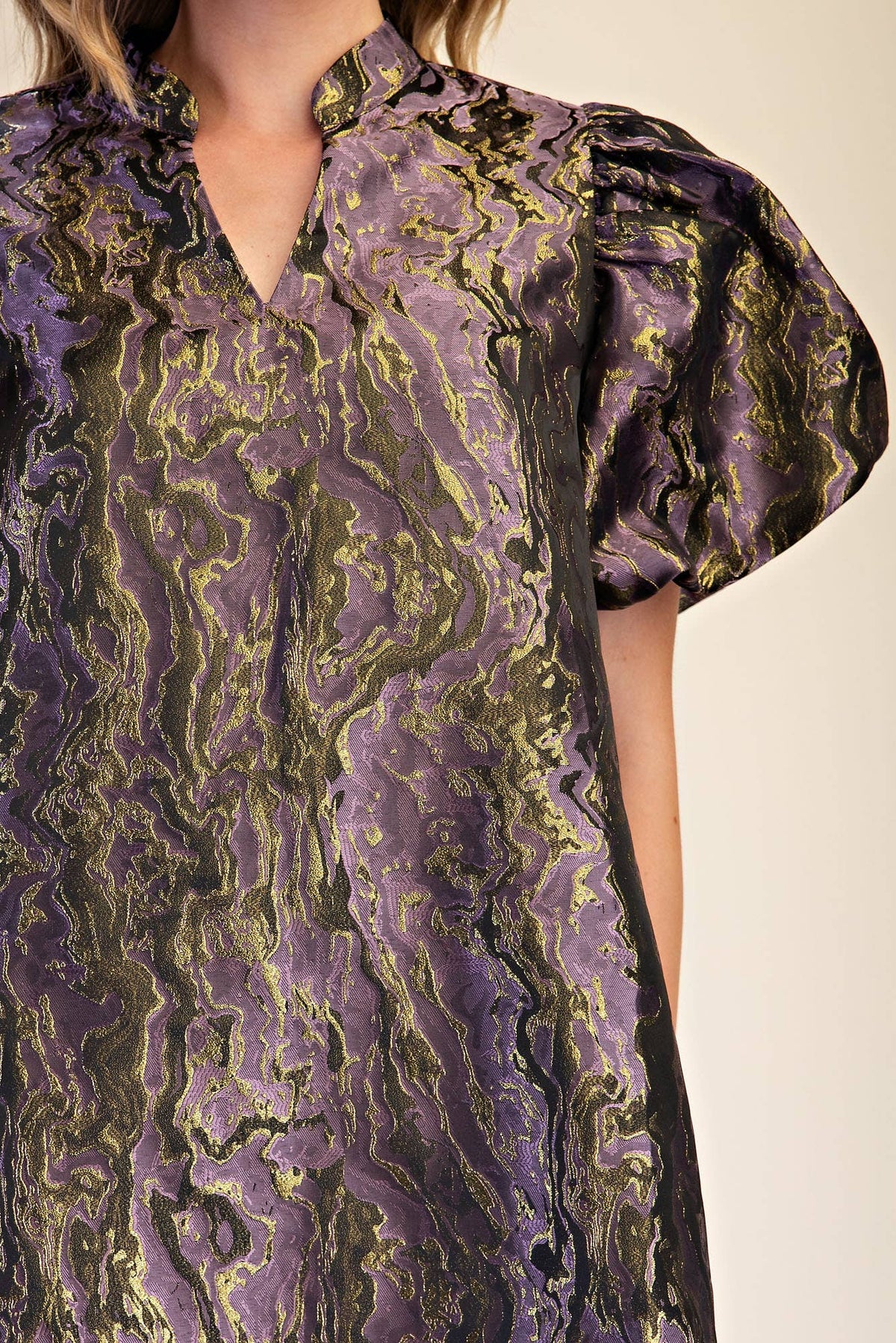 Metallic Jacquard Puff Sleeve Mini Holiday Dress