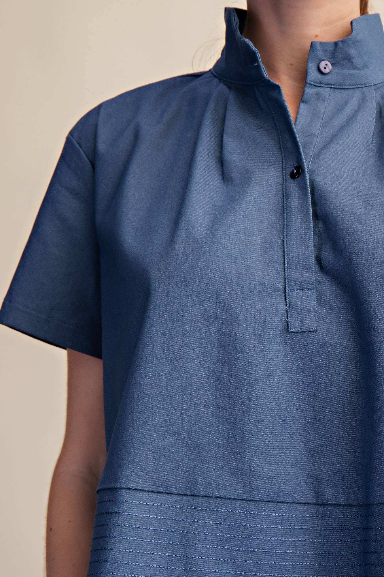 Stand Collar Short Sleeve Stitch Detail Shirt