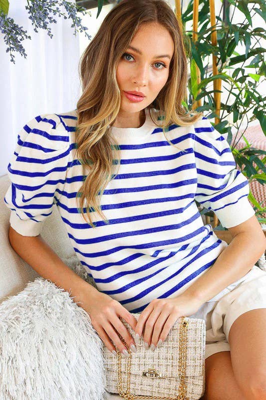 Striped Crew Neck Puff Sleeve Knitted Sweater VT81344A
