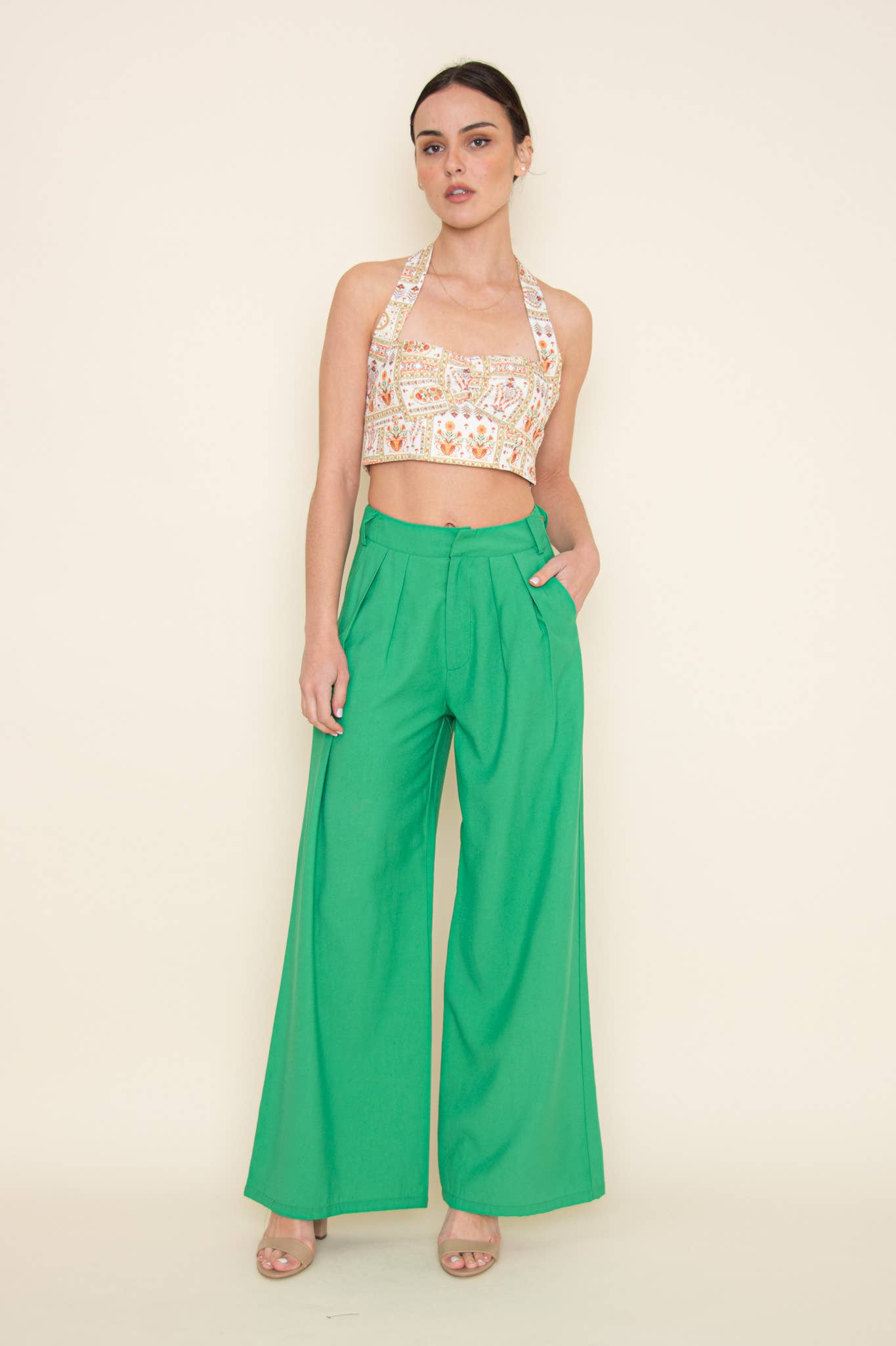 TRENDY PLEATED STRAIGHT LEG HIGH WAISTED TROUSERS -PI5491FO