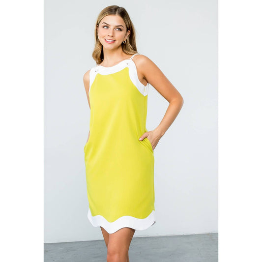 Sleeveless Scallop Trim Dress with Side Pockets