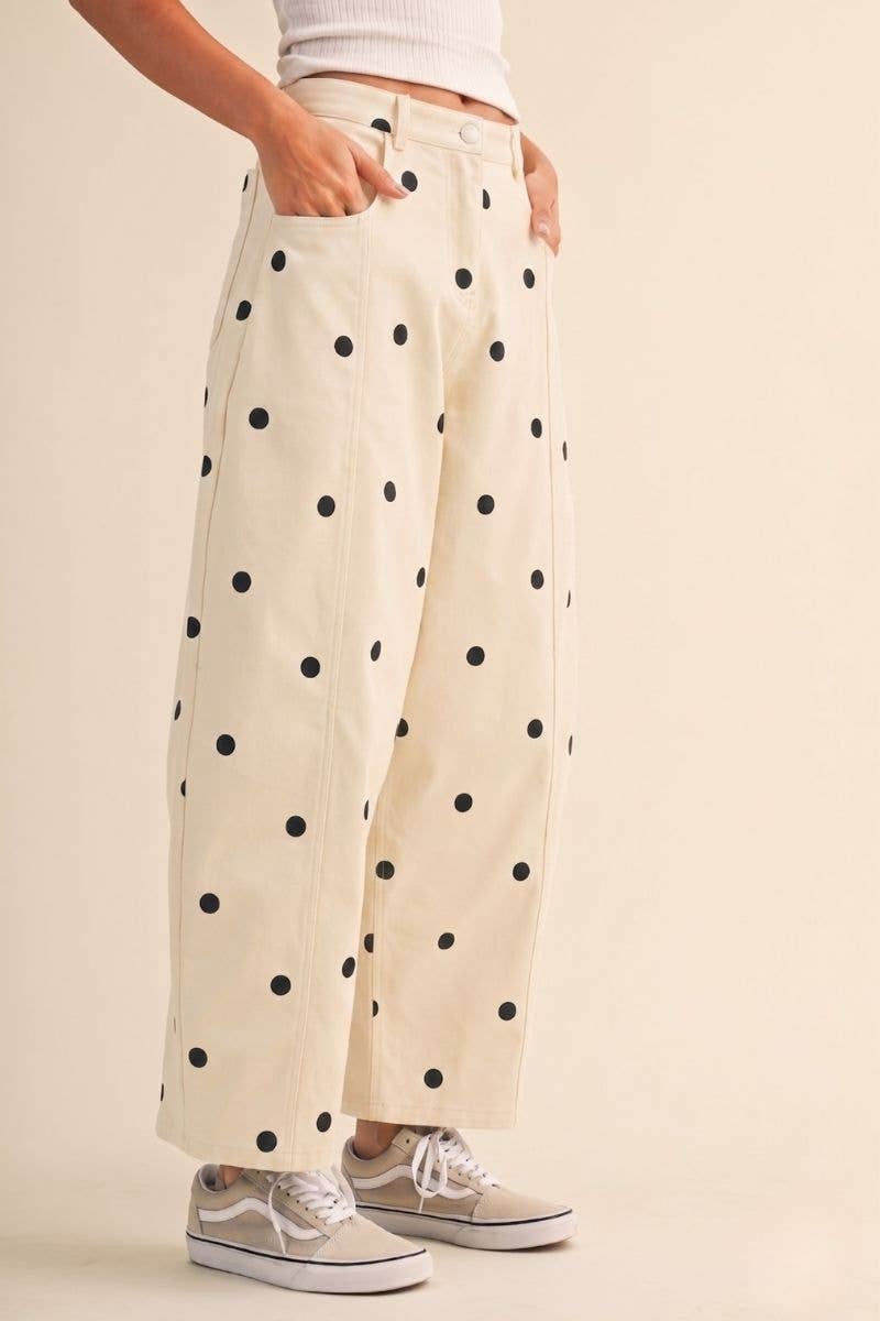 IP1390-C  POLKADOT STRETCH TWILL MID WAIST BARREL PANTS