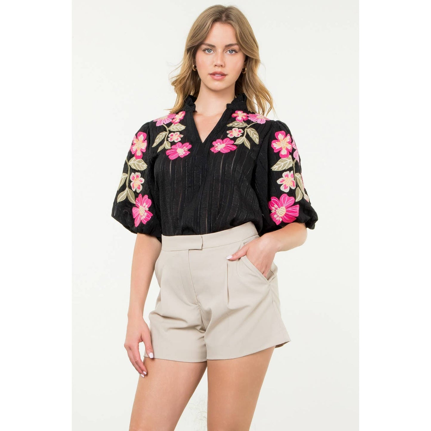 Embroidered Puff Sleeve Textured Top