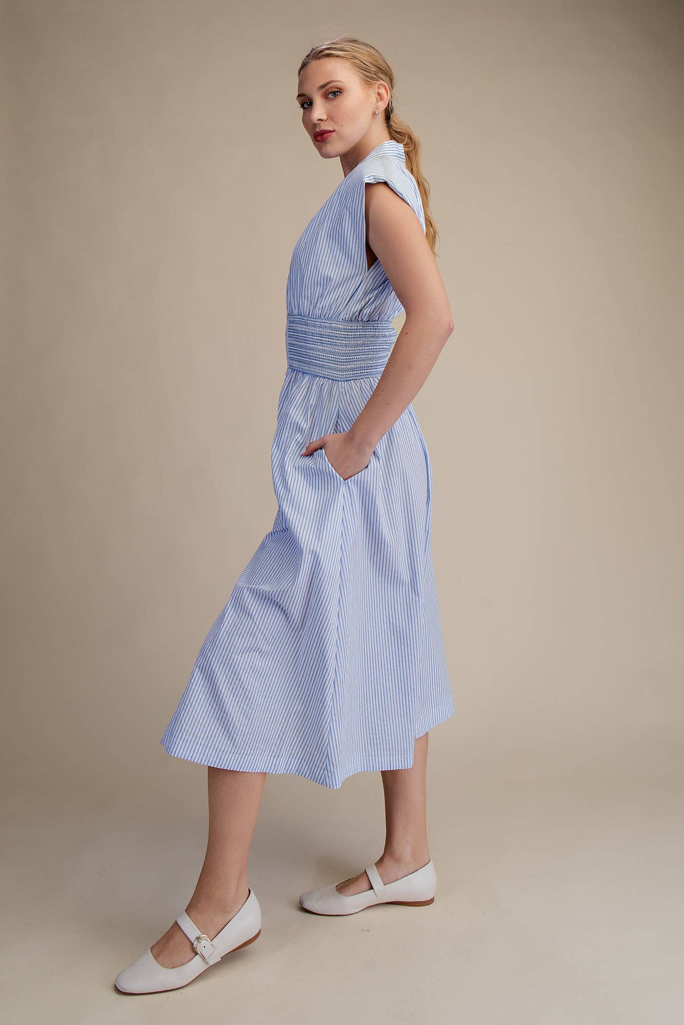 V-Neck Front Zip Waist Smocked Casual Midi Dress