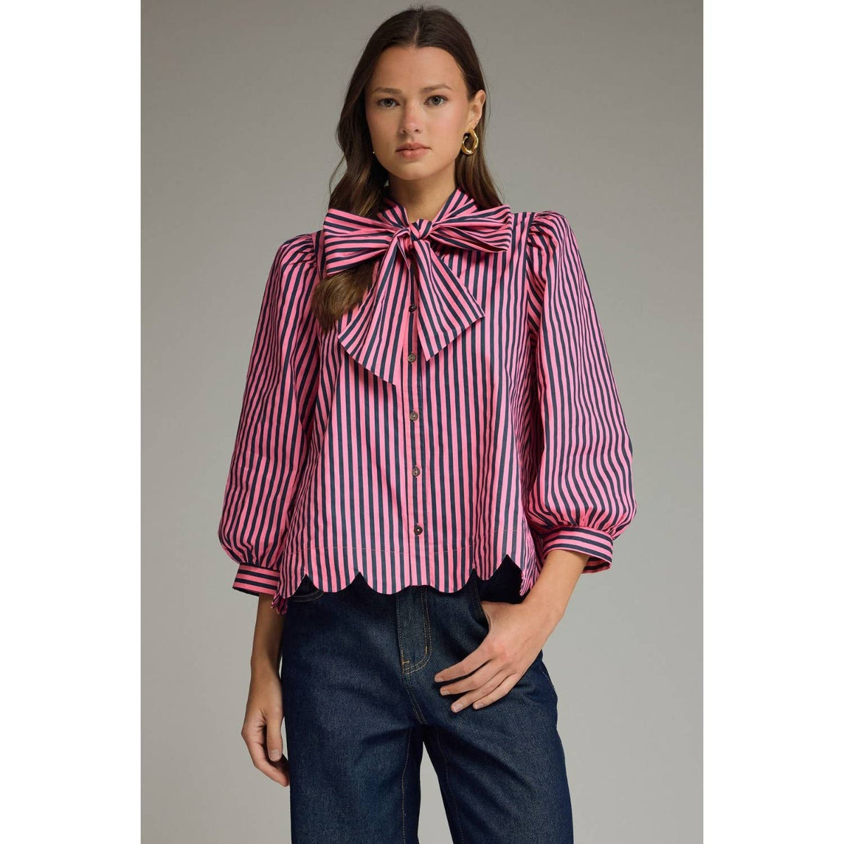 NEW Stripe self-tie neck 3/4 puff sleeve top