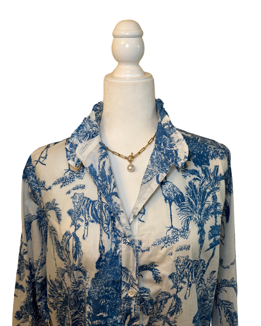 Jungle Toile Block Print Ruffled Collared Blouse