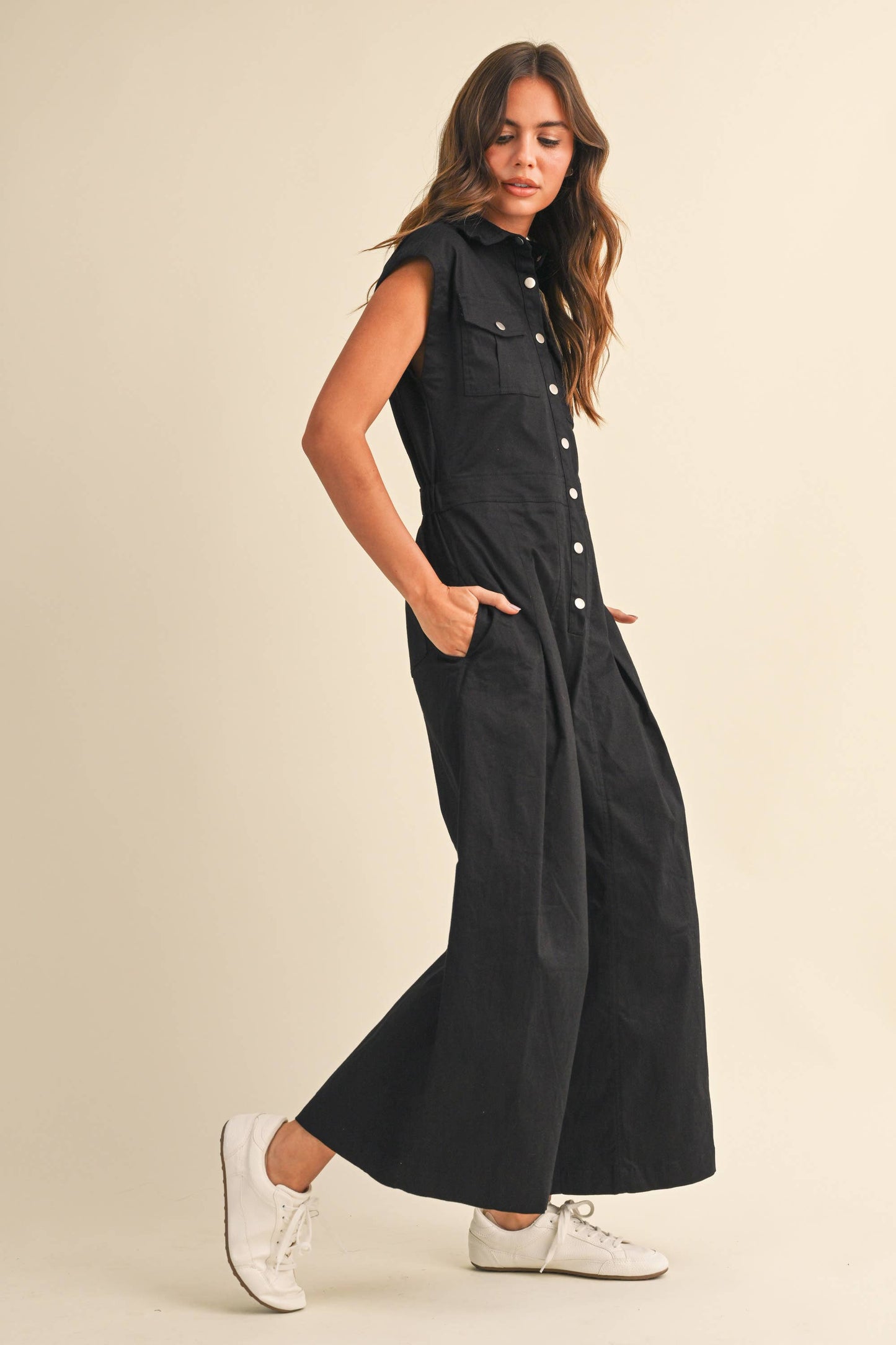 IJP3398 STRETCH COTTON TWILL WIDE LEG CROPPED JUMPSUIT