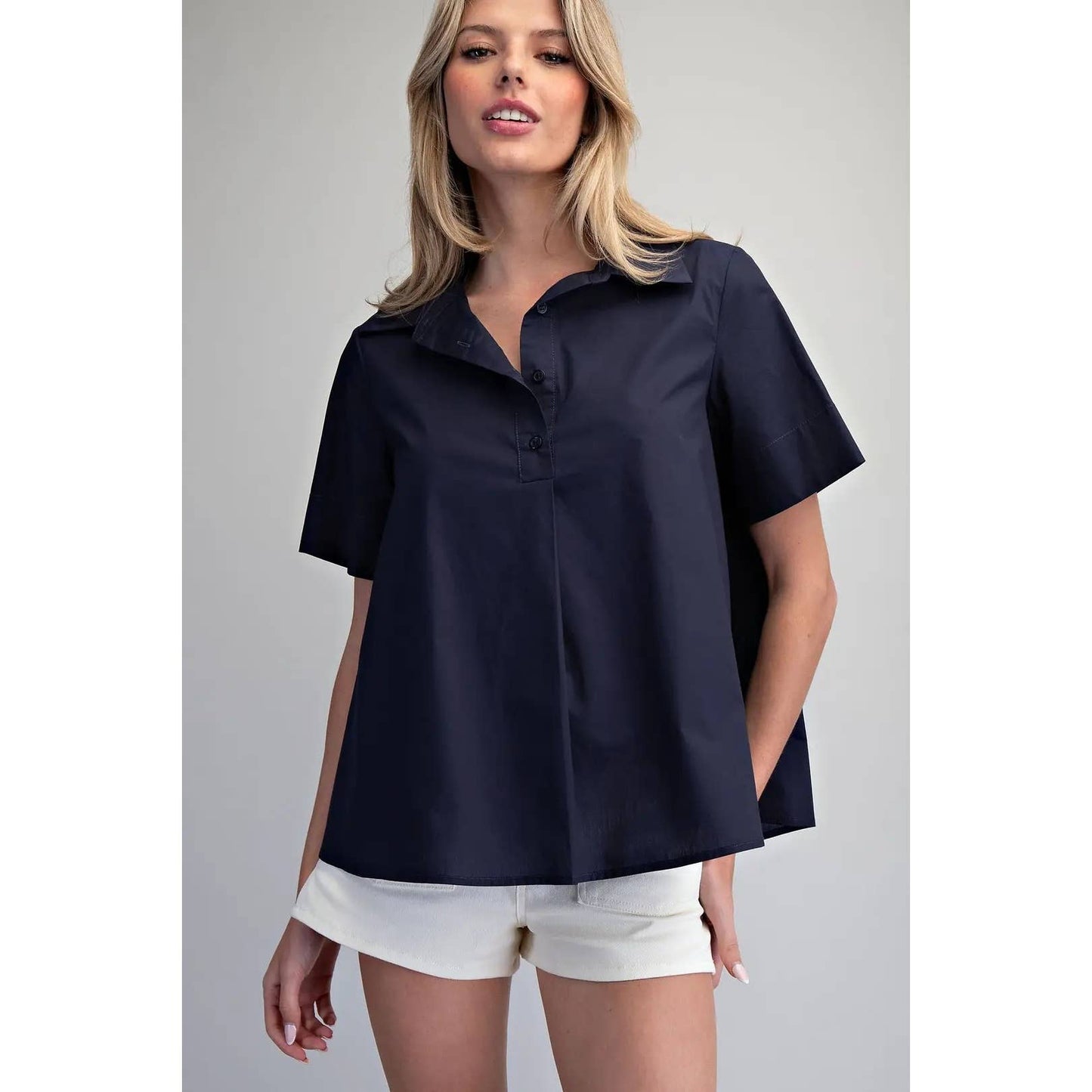 NEW Solid Collared Short Sleeve Blouse