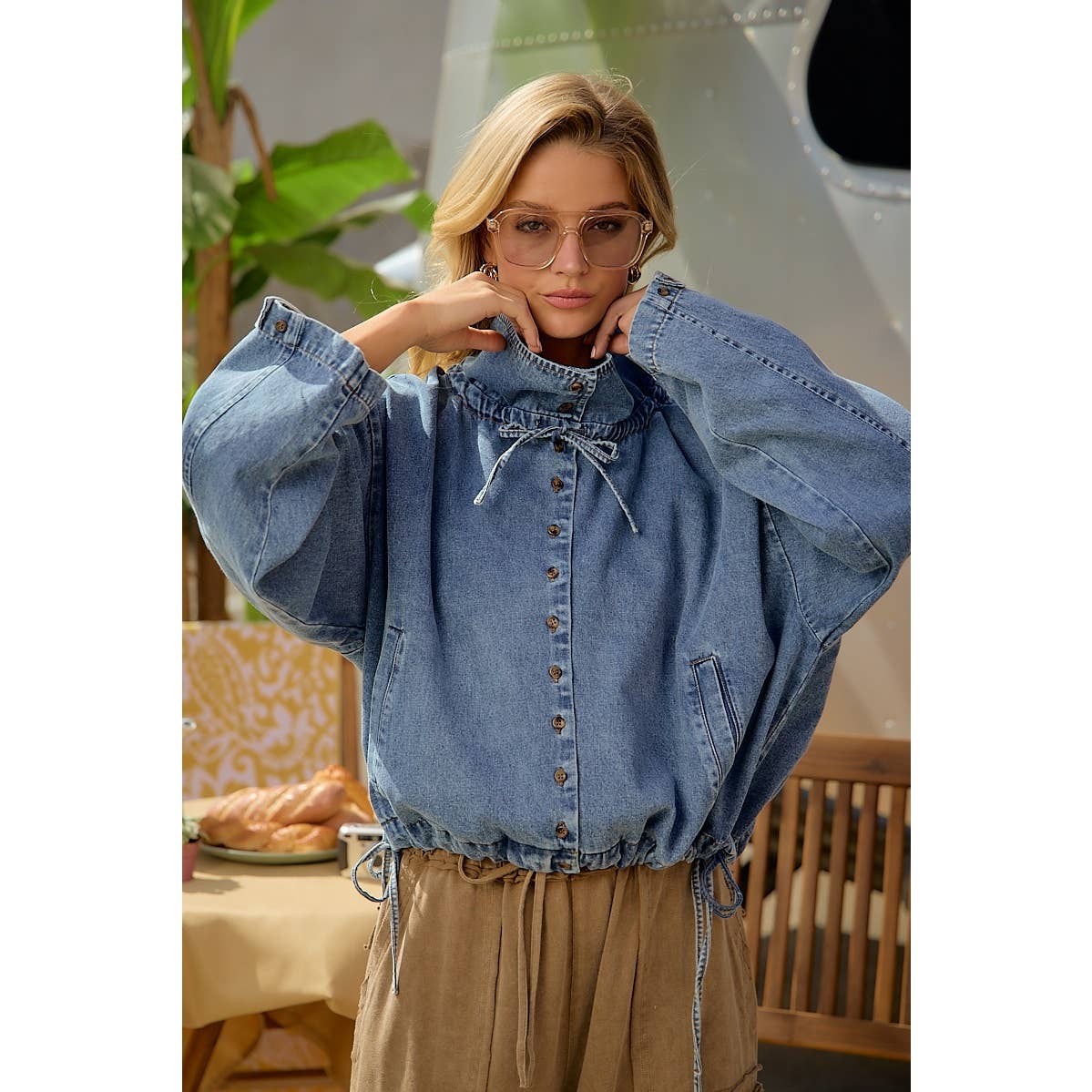LIGHTWEIGHT WASHED DENIM DRAWSTRING HEM JACKET