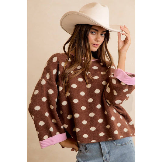 CONTRAST NECK AND ROLL UP DETAIL POLKA DOT SWEATER